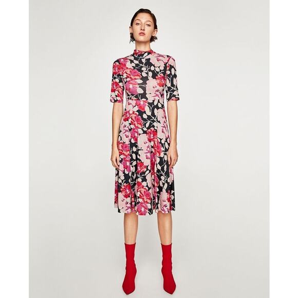 Zara High Neck Pink Floral Print Elbow Sleeve Tie Back Midi Dress Size Small - Picture 1 of 12